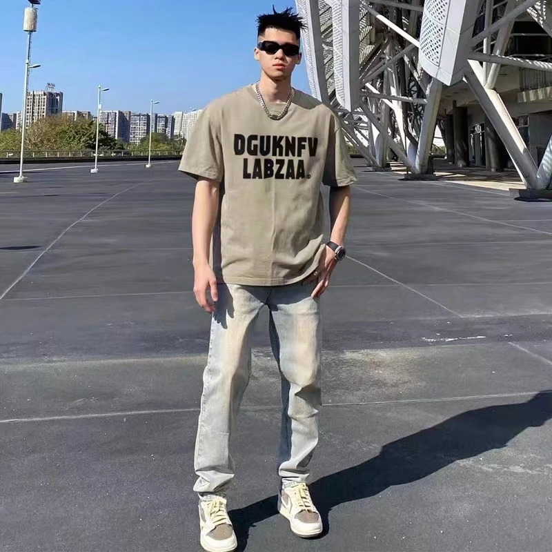 labzaa高街hiphop字母印花重磅T恤男潮流夏季美式复古宽松棉短袖
