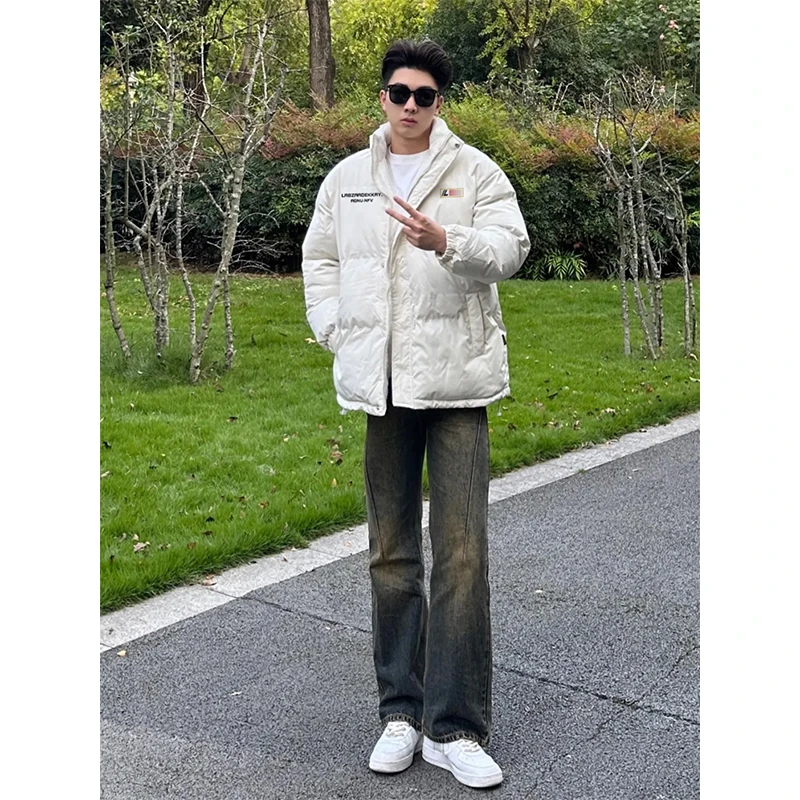 labzaa美式潮牌旗帜字母面包服男女休闲加绒冬季保暖棉服棉衣外套