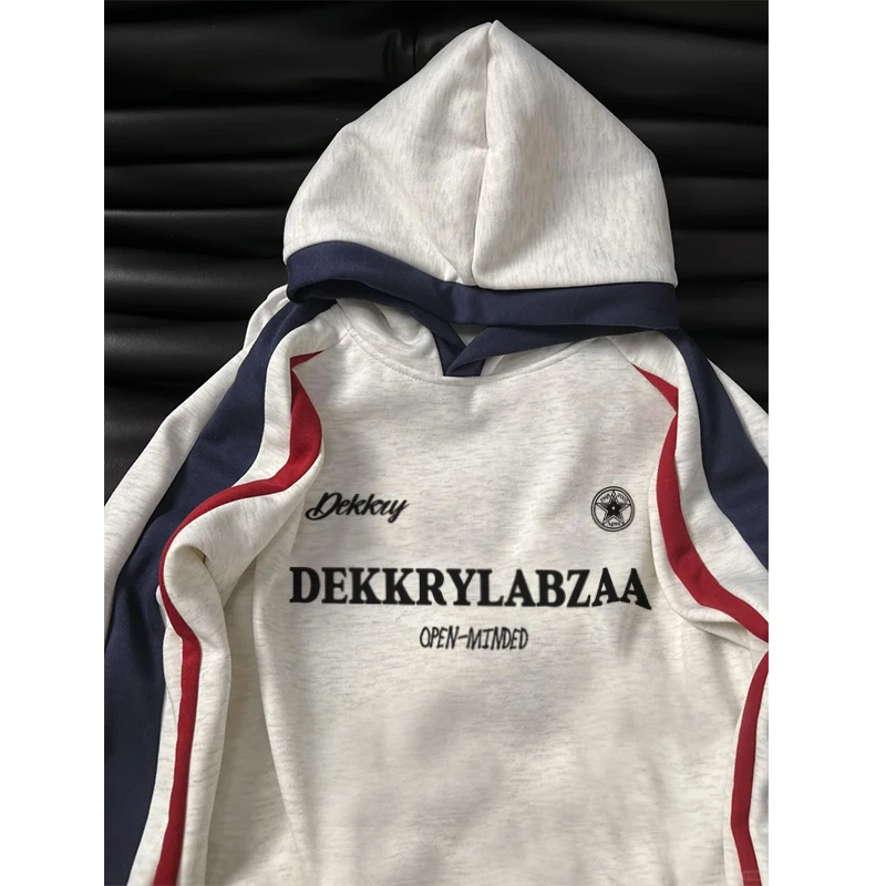 labzaa美式设计感字母印花套头连帽卫衣男秋冬季宽松休闲拼接上衣