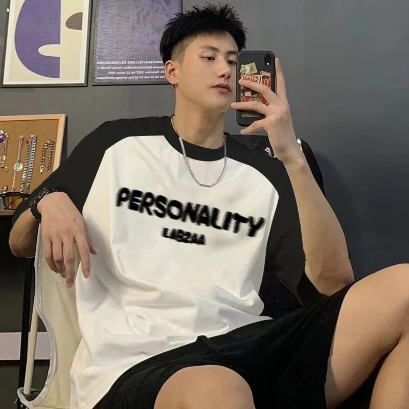labzaavibe重磅棉插肩短袖t恤男夏季宽松ins潮牌撞色拼接情侣上衣