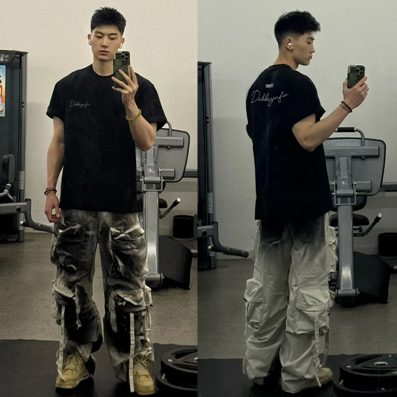 labzaa夏季美式ins宽松短袖t恤男款潮牌黑色纯棉设计感半袖上衣服