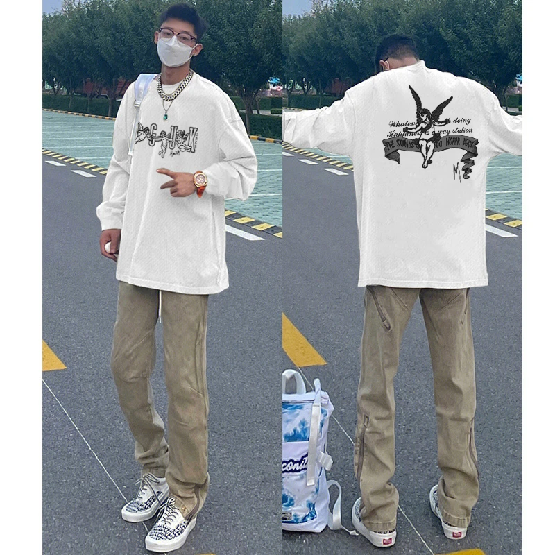 labzaas天使印花重磅纯棉长袖t恤男秋季街头风宽松百搭休闲打底衫