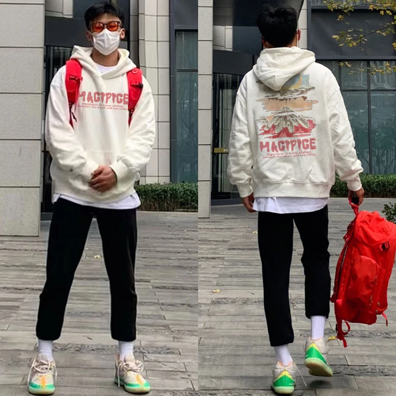 美式街头创意山峰印花连帽卫衣男秋季潮牌百搭宽松情侣外套上衣