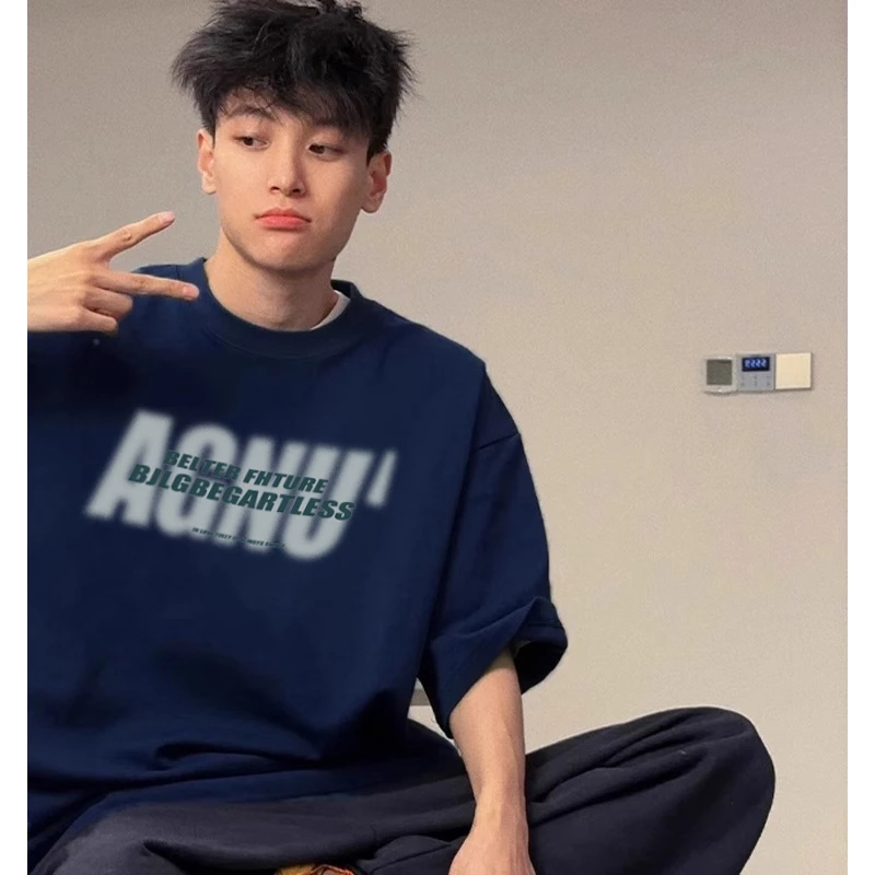 labzaa美式风格字母印花短袖t恤男夏季休闲百搭宽松重磅纯棉上衣