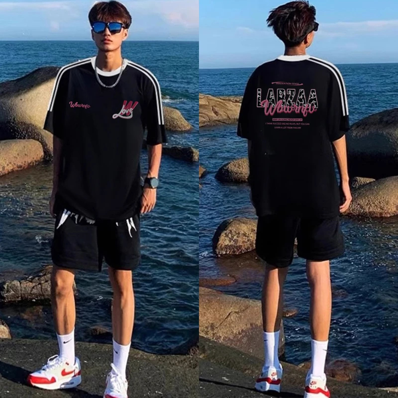 labzaa美式创意字母印花三条杠短袖男女夏季潮牌宽松纯棉t恤上衣