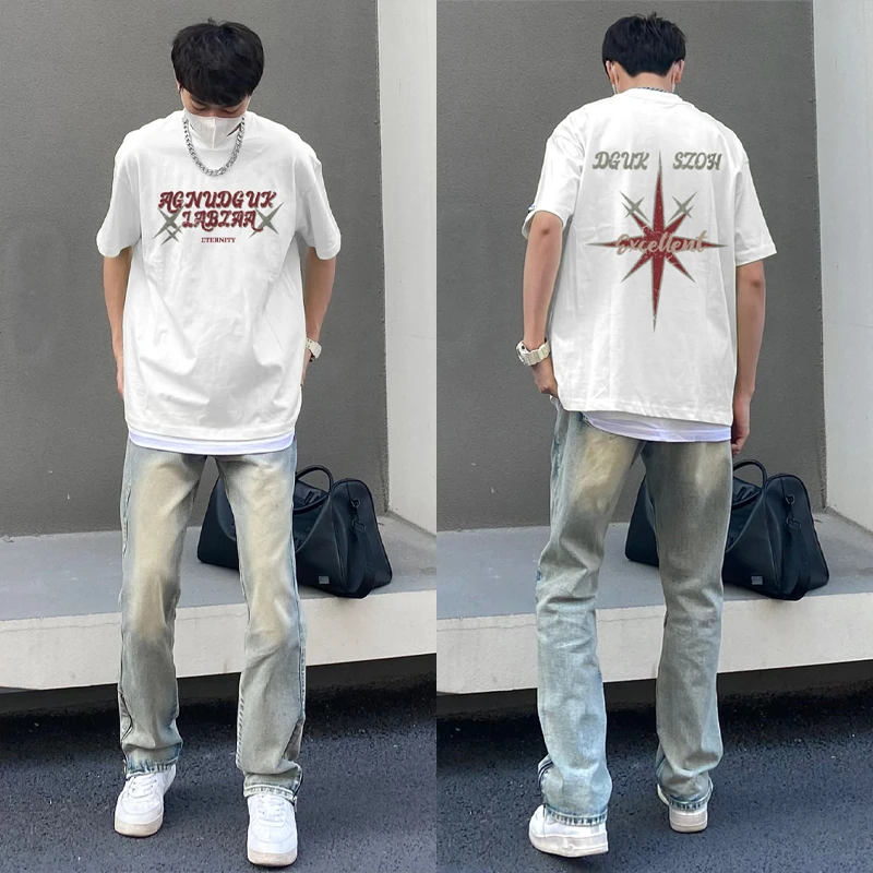 labzaa棉星星字母印花短袖t恤男女夏嘻哈街头宽松百搭ins休闲上衣