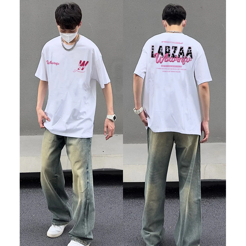 labzaa计感字母印花纯棉短袖T恤男夏季街头宽松情侣重磅百搭上衣