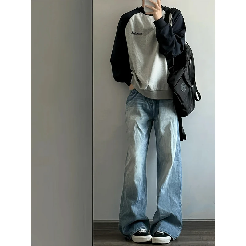 labzaa美式简约字母印花拼接撞色圆领卫衣男秋冬宽松休闲套头上衣