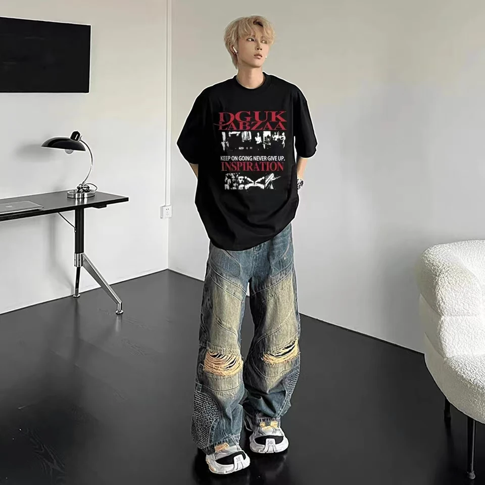 labzaa美式痞帅街头字母印花短袖T恤男夏季潮牌百搭重磅纯棉上衣