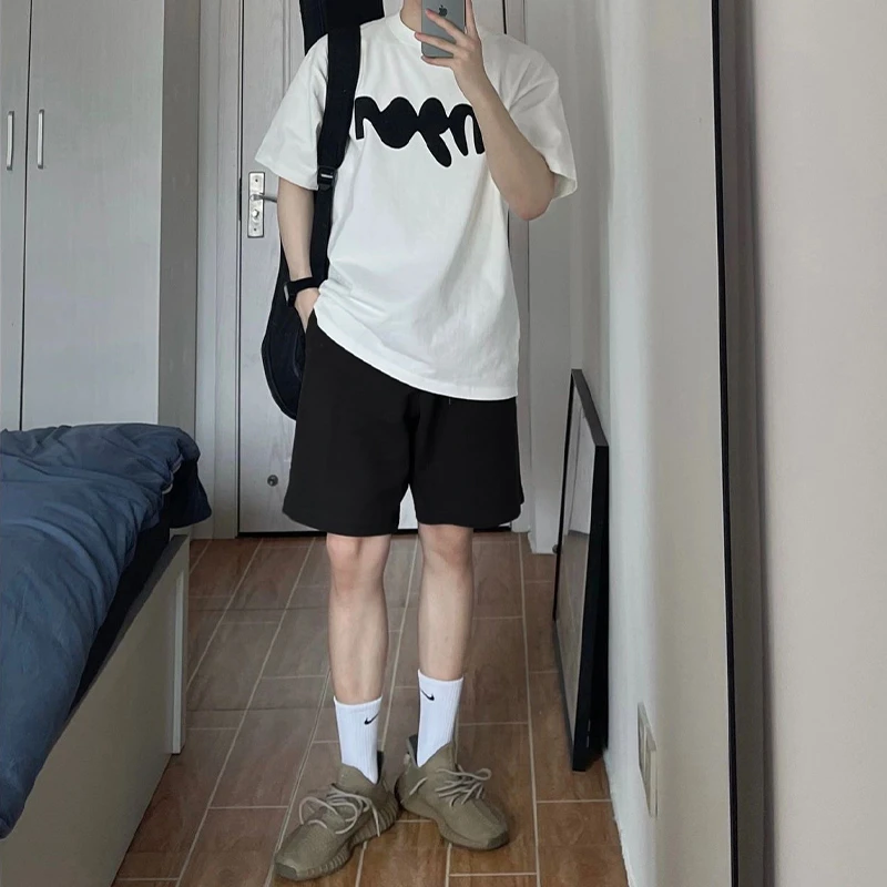 labzaa季潮牌设计感百搭抽绳运动裤男基础款简约黑色五分休闲短裤