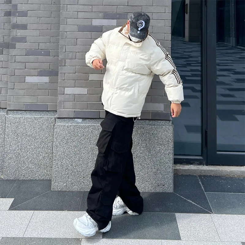 labzaa美式简约基础款宽松三条杠棉服男冬季宽松休闲百搭棉衣外套