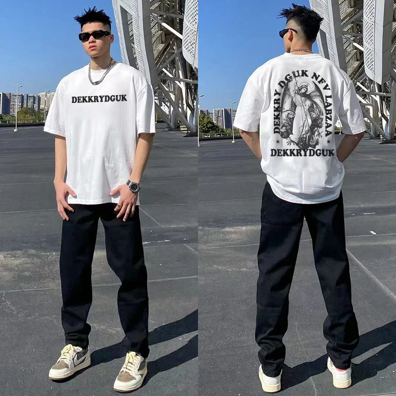 labzaa嘻哈棉短袖男款夏季复古天使印花重磅上衣ins潮情侣休闲t恤