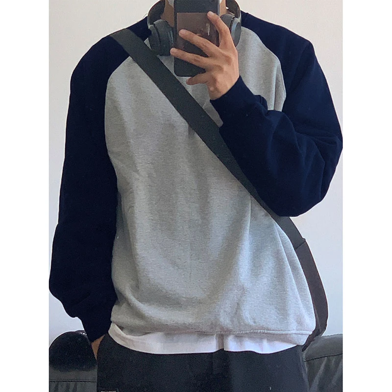 labzaa美式创意拼接撞色圆领卫衣男秋季潮百搭宽松休闲套头上衣服