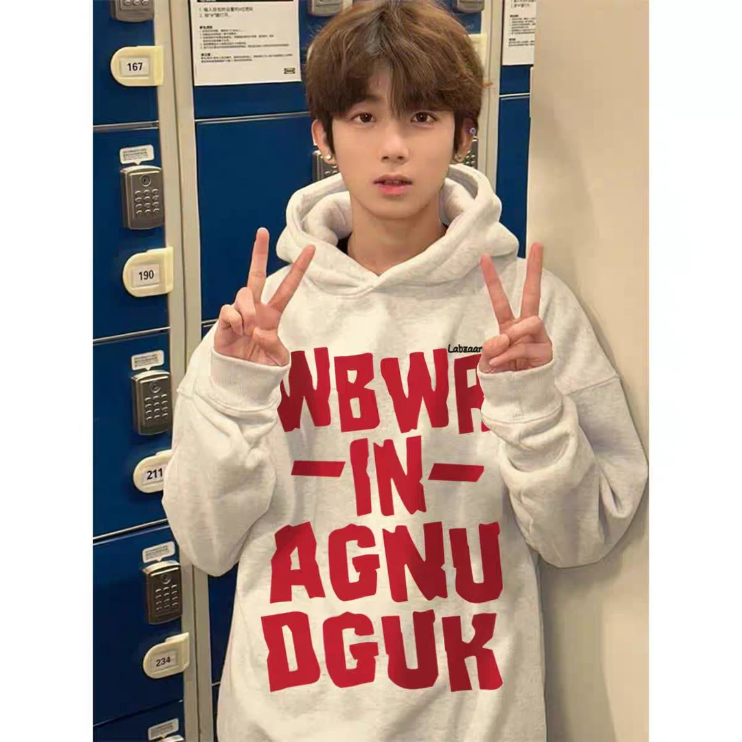 labzaa秋季字母印花无口袋连帽卫衣美式潮牌街头风宽松百搭上衣服