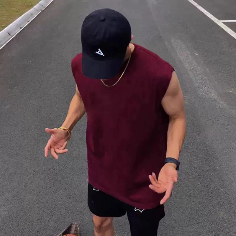 labzaa潮牌酒红色基础款背心男夏季百搭宽松重磅纯棉坎肩运动上衣