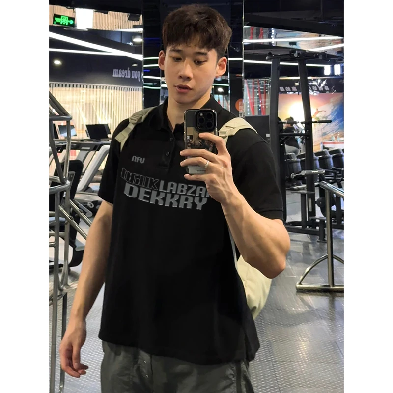 labzaa潮牌机车风字母印花polo衫短袖t恤男翻领宽松上衣夏季薄款