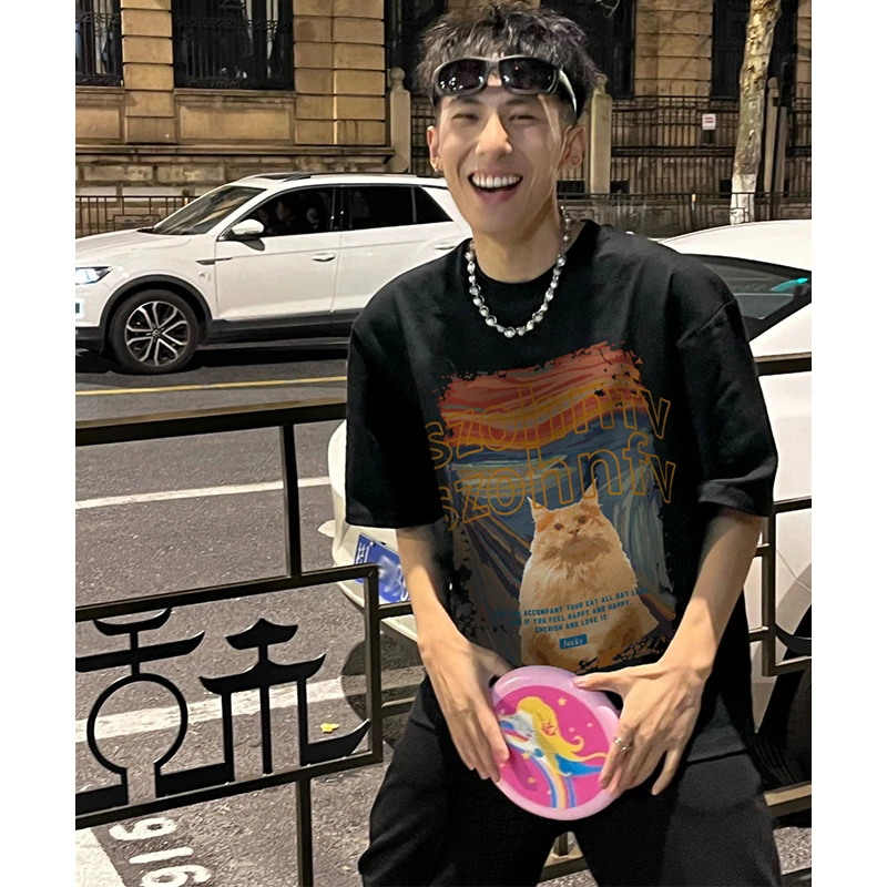 labzaa猫咪油画印花情侣短袖男vintage美式复古上衣潮牌重磅棉T恤
