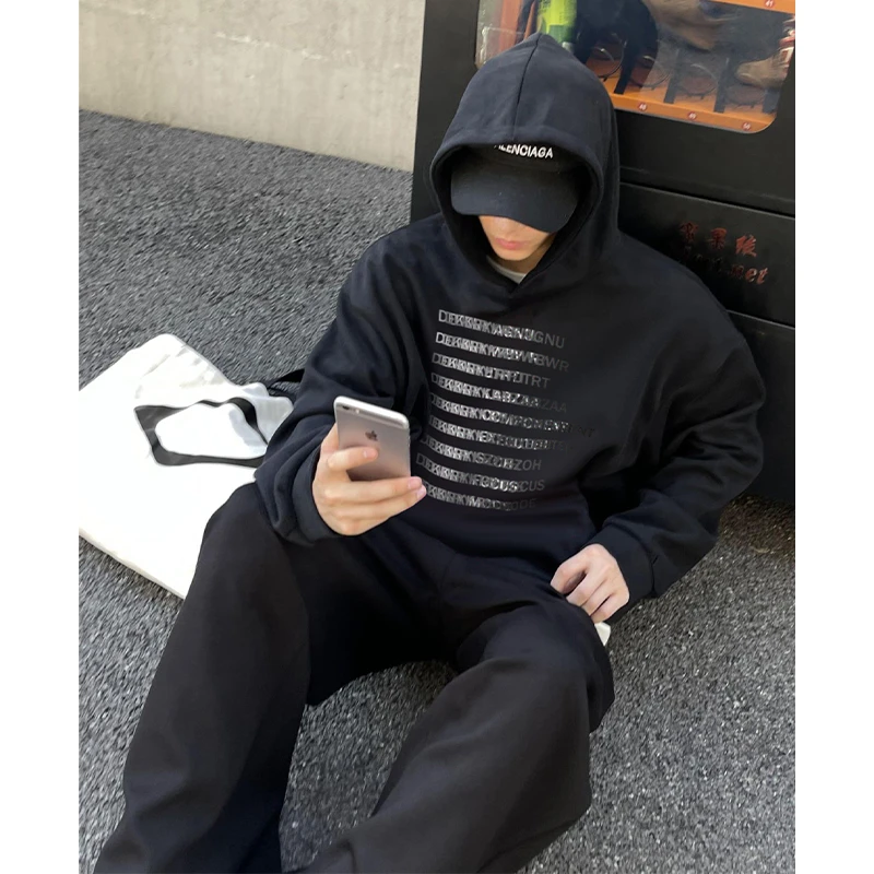 labzaa头渐变设计感英文字母印花连帽套头卫衣男ins潮牌休闲上衣