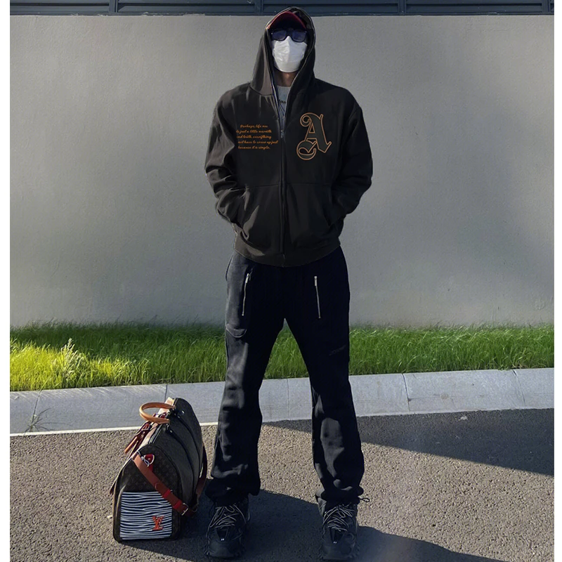 labzaa古十字架印花连帽卫衣男秋季潮牌嘻哈百搭宽松情侣开衫外套