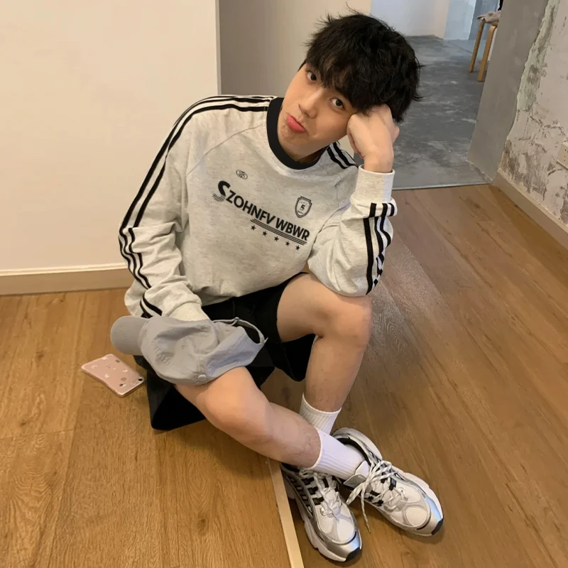 labzaa美式字母印花纯棉长袖T恤男潮牌休闲百搭三条杠白灰色上衣