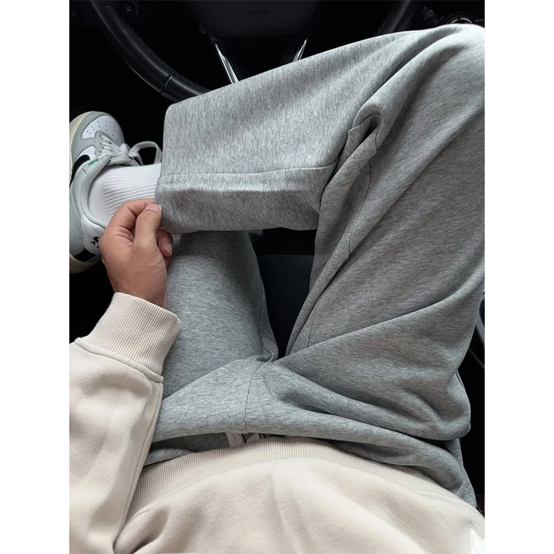 labzaa美式简约基础款浅灰色抽绳运动裤男秋季宽松休闲直筒长裤子