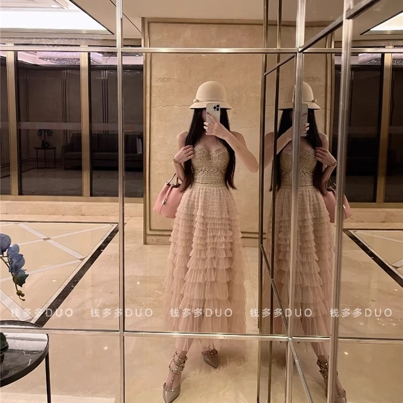 端庄大气女装套装高级感亮闪闪烫钻吊带背心网纱百褶长裙两件套女