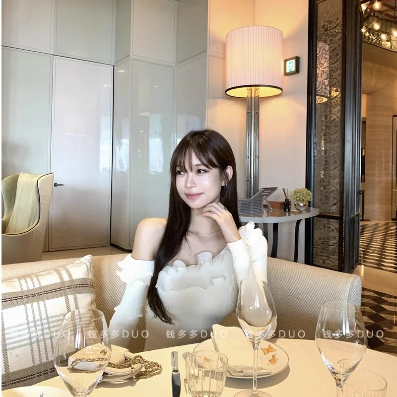 性感辣妹木耳边打底衫甜辣chic上衣女长袖百搭显瘦荷叶边针织衫女