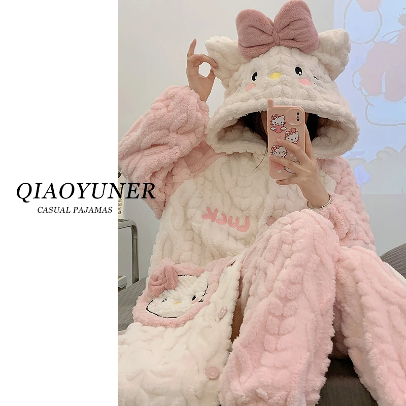 『KT猫』睡袍秋冬季加绒冬天保暖连帽女毛茸茸甜美少女睡衣家居服