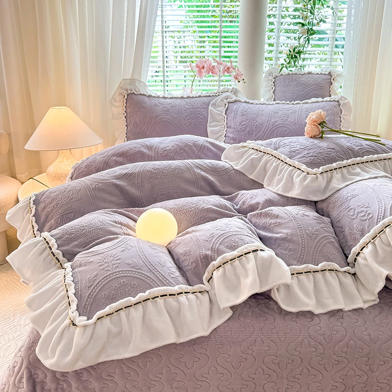 法式公主风加厚雕花牛奶绒夹棉床盖款四件套冬季双面加绒被套床单