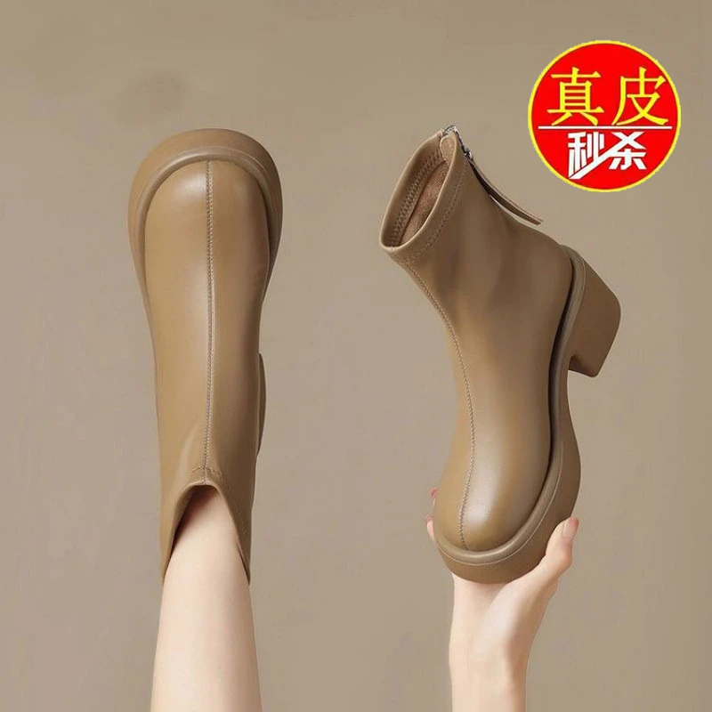 小个子百搭短靴2023秋冬爆款真软皮马丁靴女惠州厚底女人味中筒靴