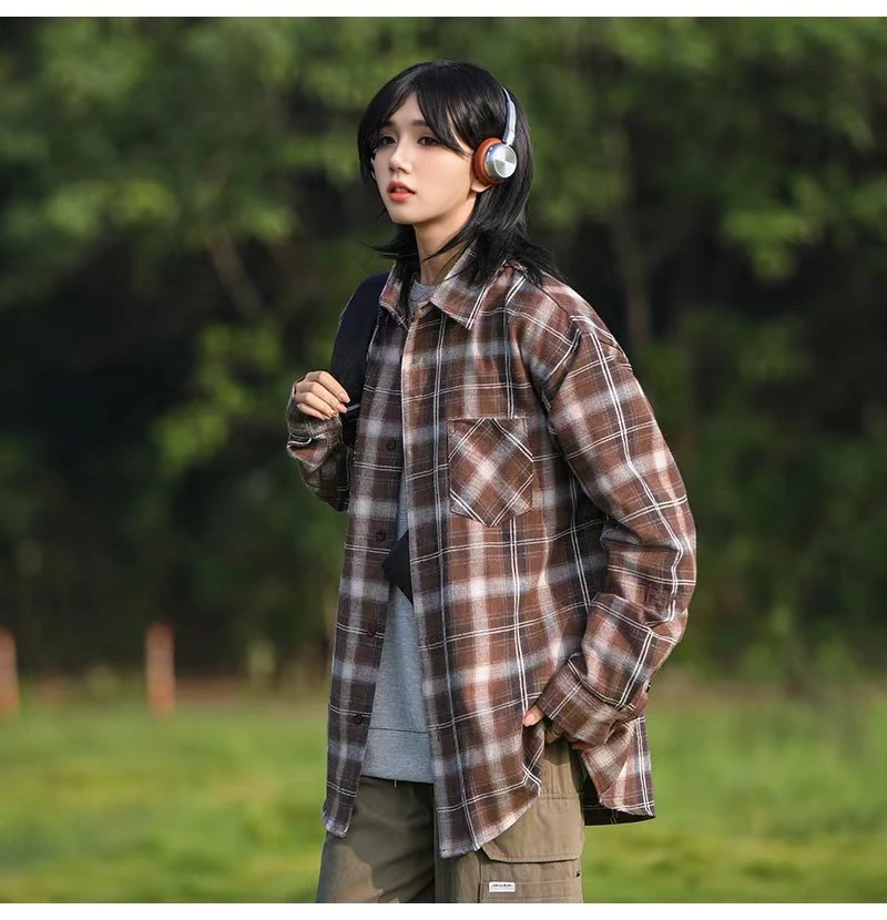 秋季薄格纹衬衫男宽松长袖休闲百搭日系港风