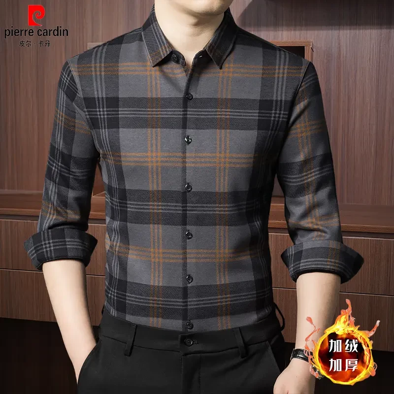 皮尔卡丹正品男士长袖衬衫中老年秋冬款格子含绵羊毛加绒加厚衬衣