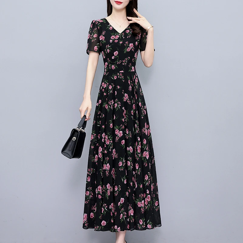 2025夏季新款雪纺碎花连衣裙大码胖mm收腰显瘦遮肚长裙