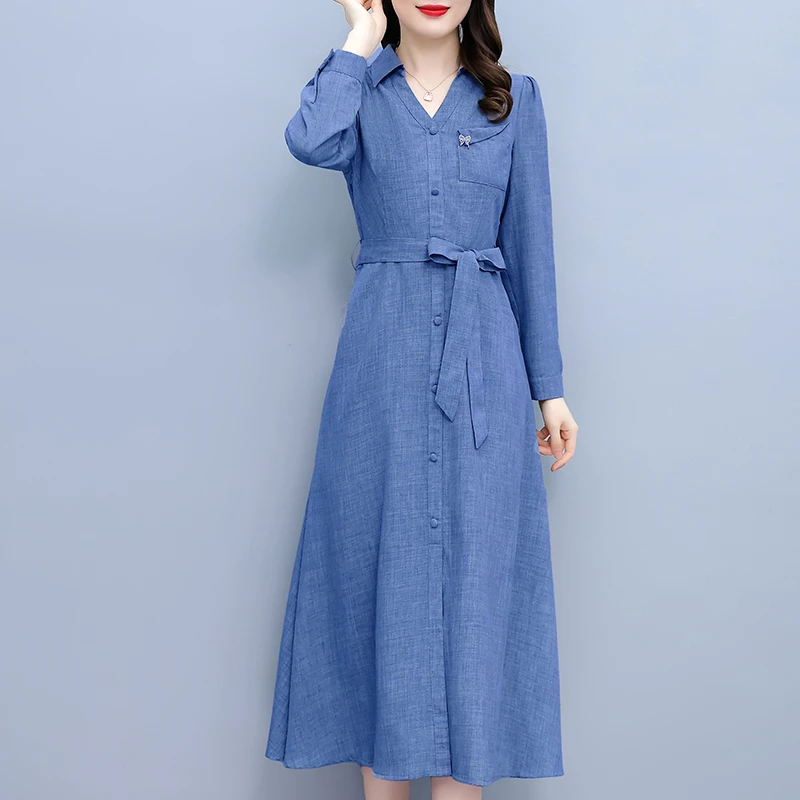 2024秋季长袖棉麻连衣裙气质显瘦洋气遮肚亚麻纯色女装