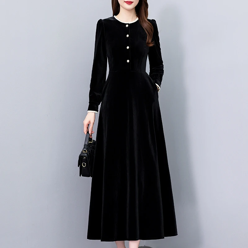 赫本风连衣裙女长款2024秋冬新款大码收腰显瘦胖mm小黑裙子