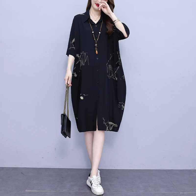 大码胖MM遮肉显瘦衬衫中长裙2024夏季新款时尚潮流印花宽松连衣裙