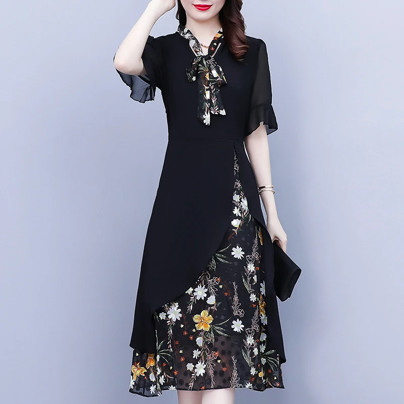 假两件连衣裙女款爆款2024夏装新不规则收腰显瘦妈妈气质碎花裙子