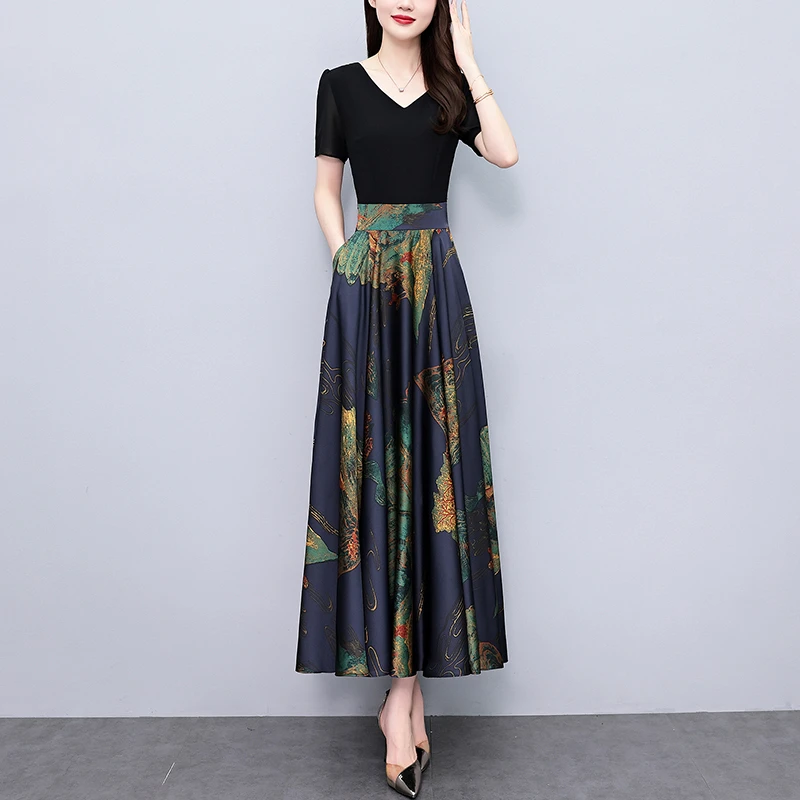 2024夏季新款高档印花雪纺碎花连衣裙大码胖mm收腰显瘦遮肚长裙