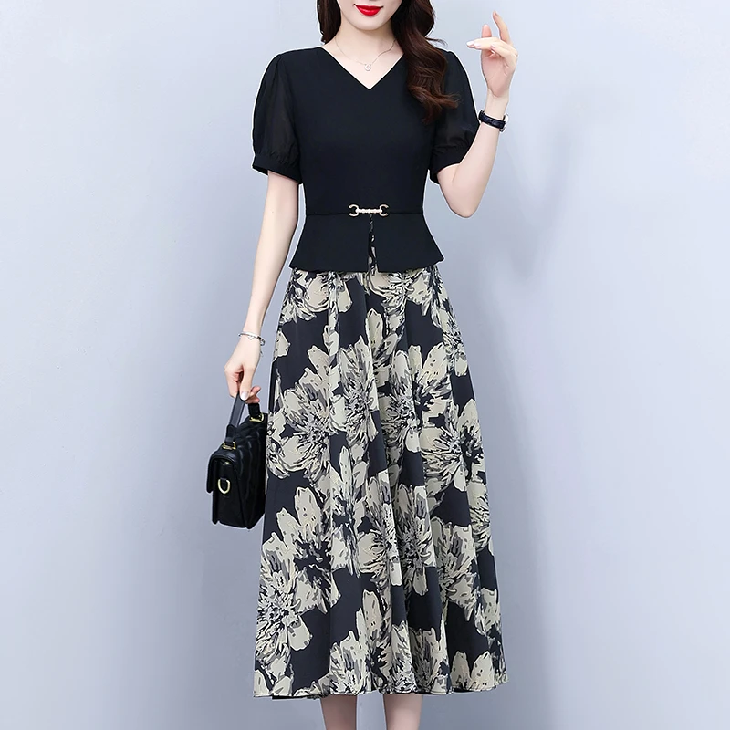 气质雪纺连衣裙女装爆款2024新款假两件夏海边度假沙滩波西米亚裙