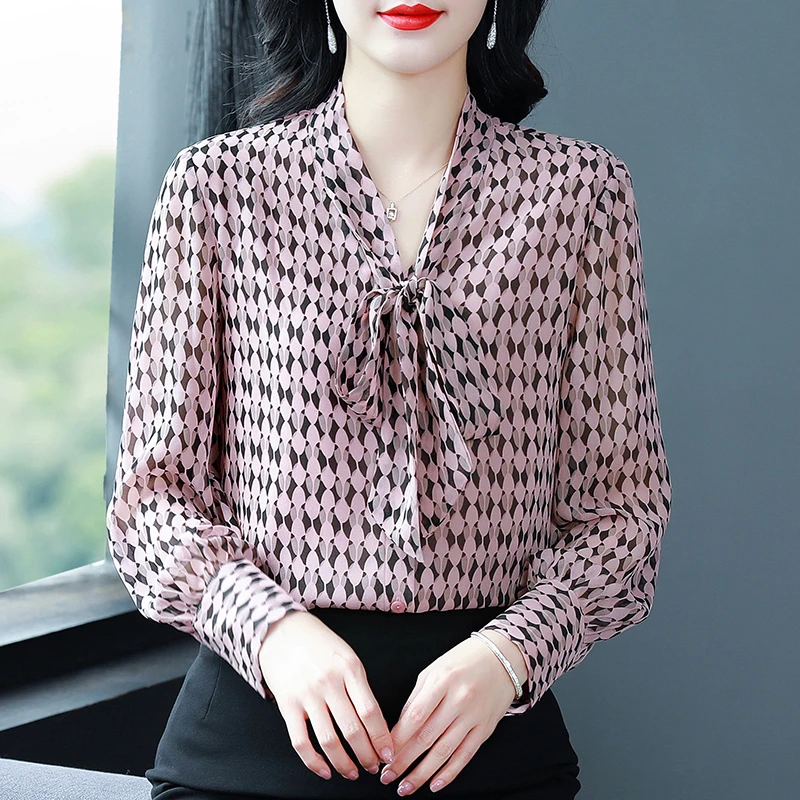 粉色雪纺衫长袖女士春款洋气小衫2025新款气质小众衬衣蝴蝶结上衣