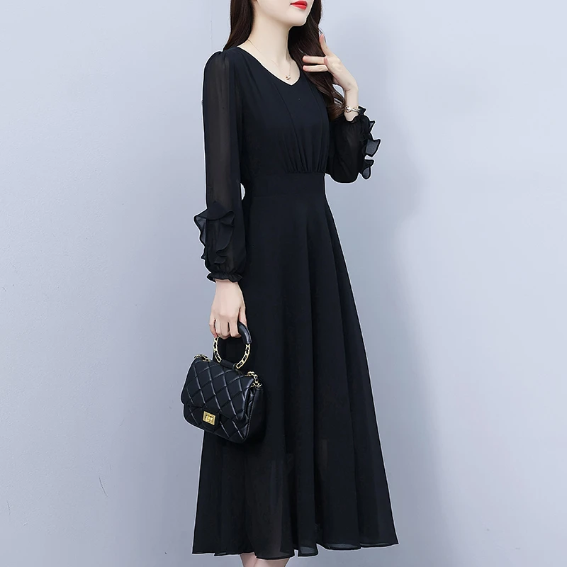 黑色雪纺连衣裙2025新款春夏季时尚气质裙子女V领收腰洋气中长裙