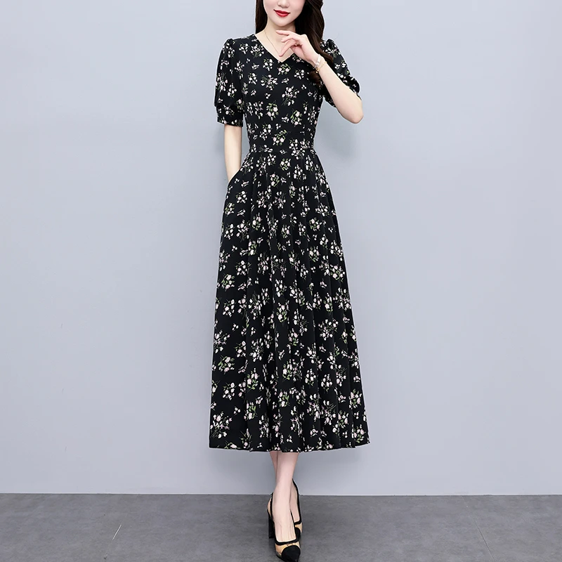 雪纺碎花连衣裙女装爆款2024夏季新款大码收腰显瘦气质妈妈长裙子