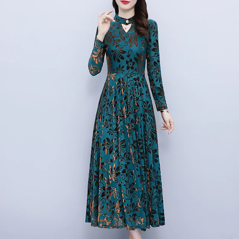 印花网纱长袖连衣裙2025秋装新款大摆长款气质仙女裙子到脚踝超仙