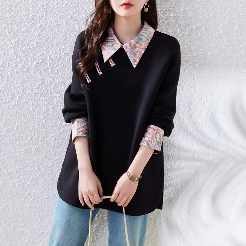 复古拼接提花长袖卫衣女2025秋新款宽松打底上衣气质大码显瘦女装