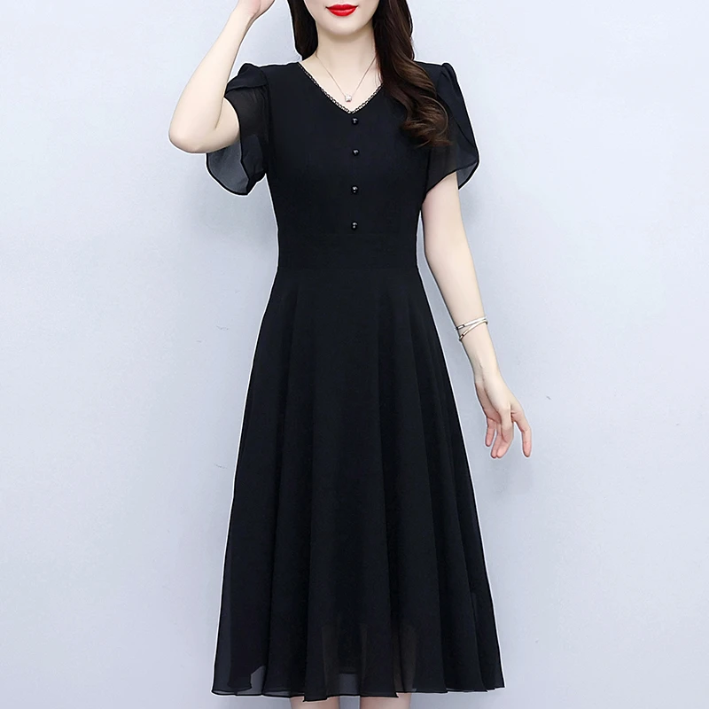 黑色雪纺连衣裙女装爆款2025年夏季新款时尚洋气显瘦收腰气质裙子