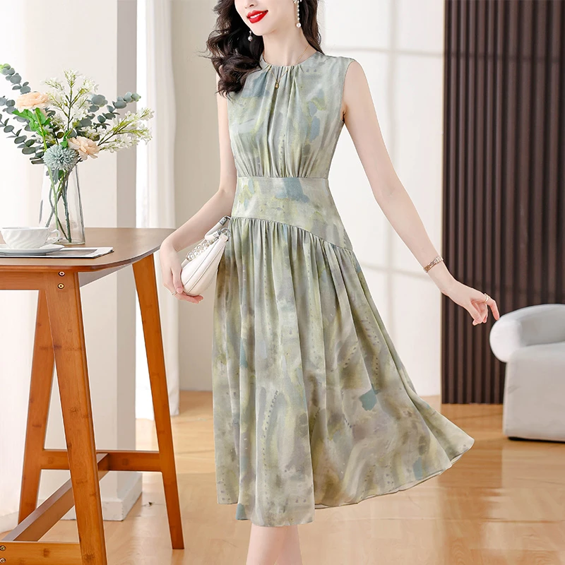 水墨印花无袖连衣裙女夏季爆款2024气质时尚复古收腰修身妈妈裙子
