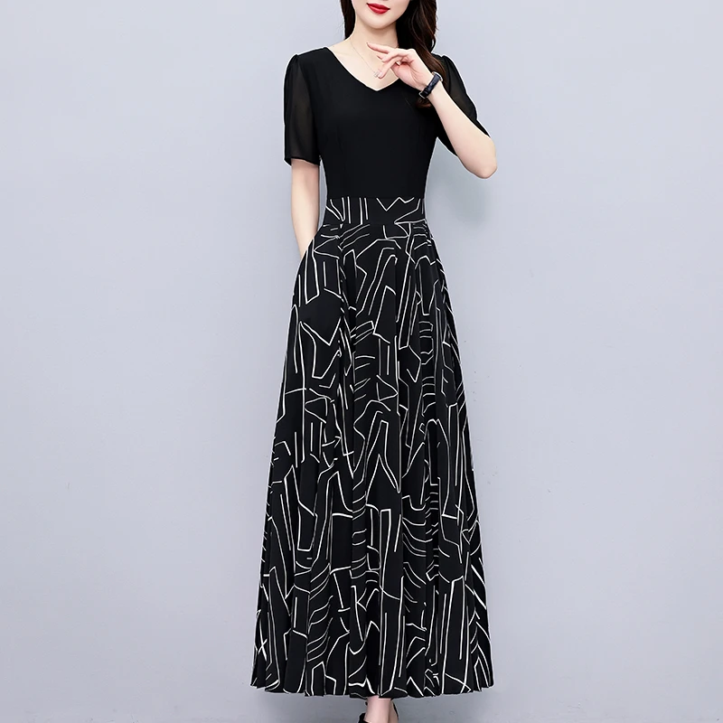 2024夏季新款高档印花雪纺连衣裙长款大码胖mm收腰显瘦遮肚子长裙
