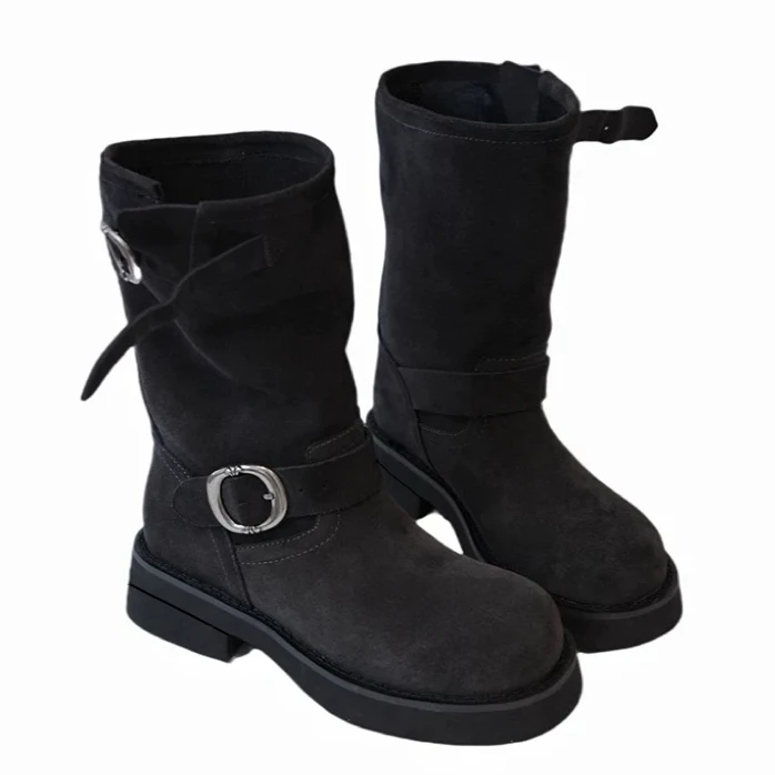 【XIAOHUIHUI】高级中筒靴 慧家厚底扣带秋季新款透气靴子