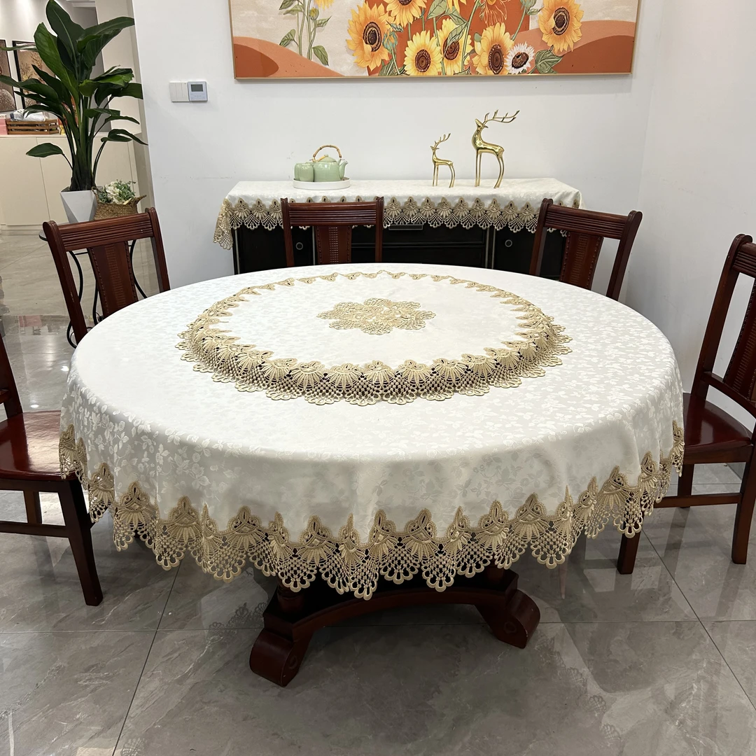 新中式大圆桌桌布布艺圆形家用餐桌布简约台布茶几盖巾蕾丝餐桌垫