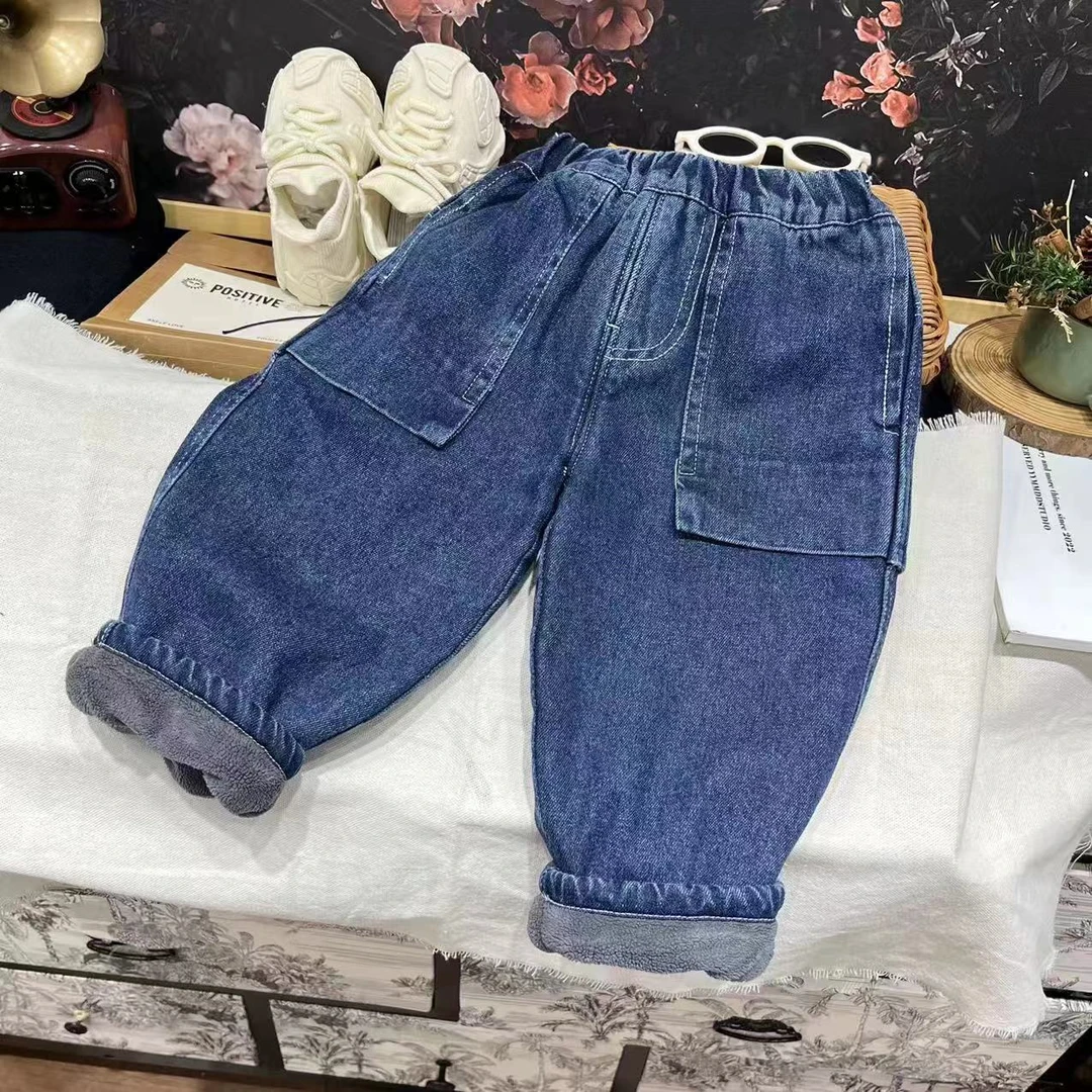 儿童秋冬季新款百搭时尚休闲加绒加厚韩版中小童牛仔裤子24E69